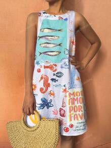 Sea Starshine Boho Beachwear Spring And Summer Fashion Vacation Casual Tropical Sardine Vibrant Ocean World English Letter Print Dress Brunch Outfits For Women