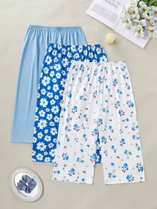 3 Pcs Women Casual 7/8 Pants & Shorts, Daisy & Rose Print, Solid Color, Elastic Waist, Loose Fit Pajama Bottoms - Multicolor - View 2