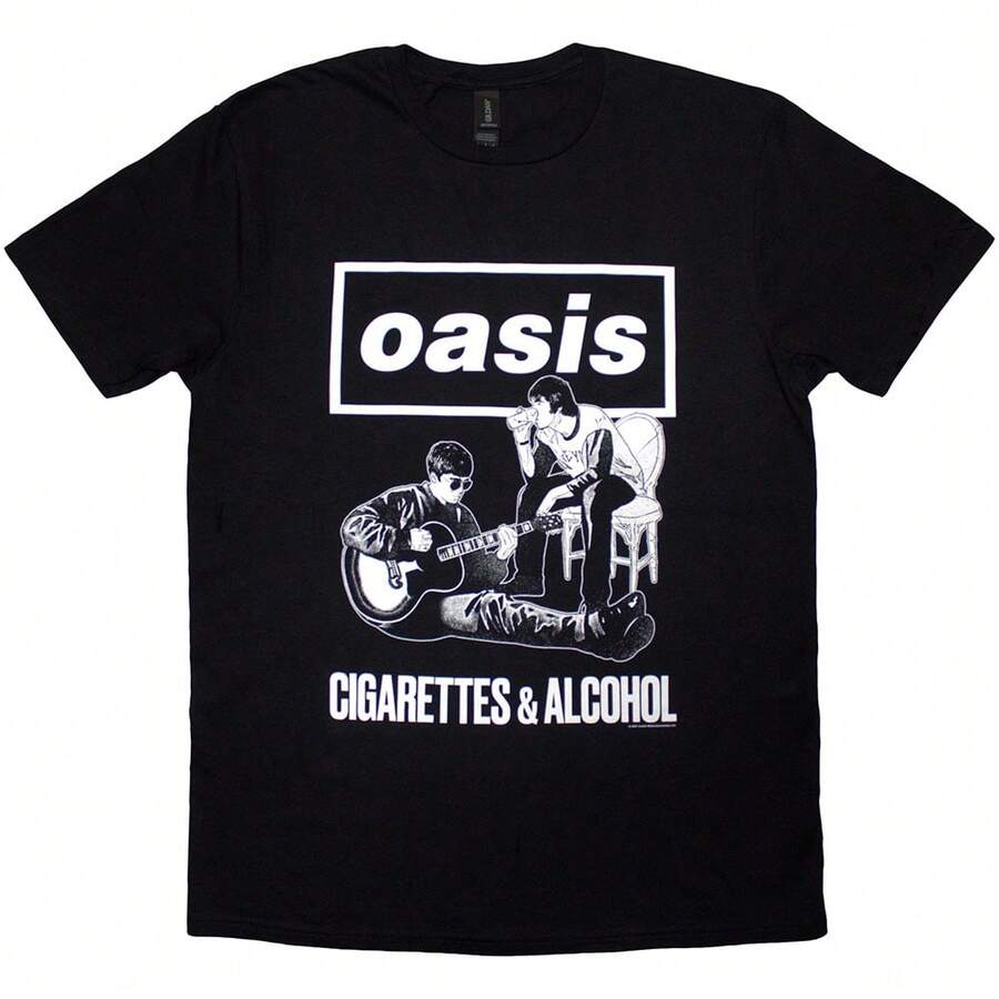 Oasis | Official Band  T-Shirt | Cigarettes & Alcohol Illustration Mono - 48-Hour Fast Shipping!  - Black - View 1