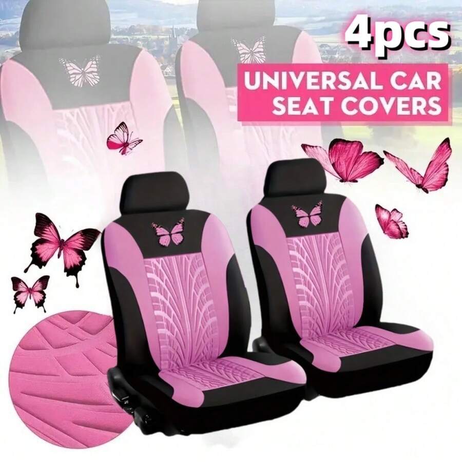 4pcs Front Car Seat Cover Butterfly Pattern With Tire Shape, (2pcs Seat Cover + 2pcs Headrest Cover) Car Seat Protector Cushion - Bướm hồng nhạt - Xem 1