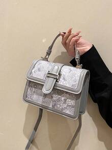 迷你方包花朵圖案頂部單條提帶翻蓋 - 灰色 - 查看 2