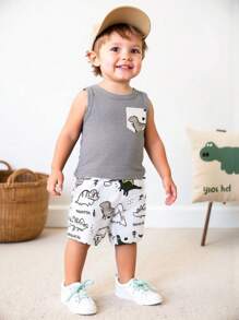BrownBark 2pcs Baby Boys' Soft & Comfortable Casual Outfit, Sleeveless Crew Neck Cute Dinosaur Pattern Vest & Shorts Set, Lively & Adorable Style Suitable For Summer Outings