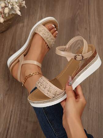 Women's Elegant Vacation Buckle Woven Bottom Beach Holiday Wedge Sandals, Summer