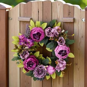 Purple Peony Wreath Artificial Floral Garland, Rustic Country Farmhouse Decor For Garden, Wedding, Hotel, Wall Hanging