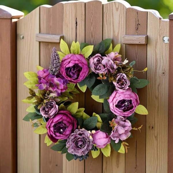 Couronne de pivoines violettes artificielles, guirlande florale rustique de style campagne pour jardin, mariage, hôtel, décoration murale