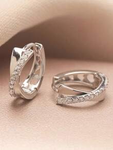 1 Pair Fashionable Luxury Brass Micro-Inlaid Zirconia Crossed Circle Hoop Earrings, Simple Versatile Elegant Design Suitable For Women's Daily Wear - Antique Silver - View 3