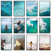 1 件墙壁艺术海报可选框架现代海滩海景波浪冲浪者冲浪印刷海报冲浪板冲浪运动帆布画墙壁艺术图片适用于房间家居装饰 - 彩色 - 查看 2