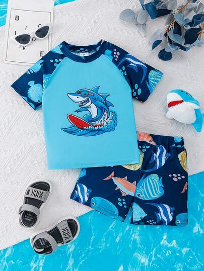 2pcs/Set Young Boy 2-7Y Shark Swim Trunks Set, Short Sleeve High Collar Splice Rashguard And Shark Printed Swimming Shorts, Stretchy Polyester, Summer Beach Surf Outfit