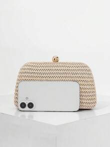 女士简约草编盒状晚宴包，适合婚礼、舞会和正式活动，派对钱包，手拿包，配有高品质链条肩带/斜挎带