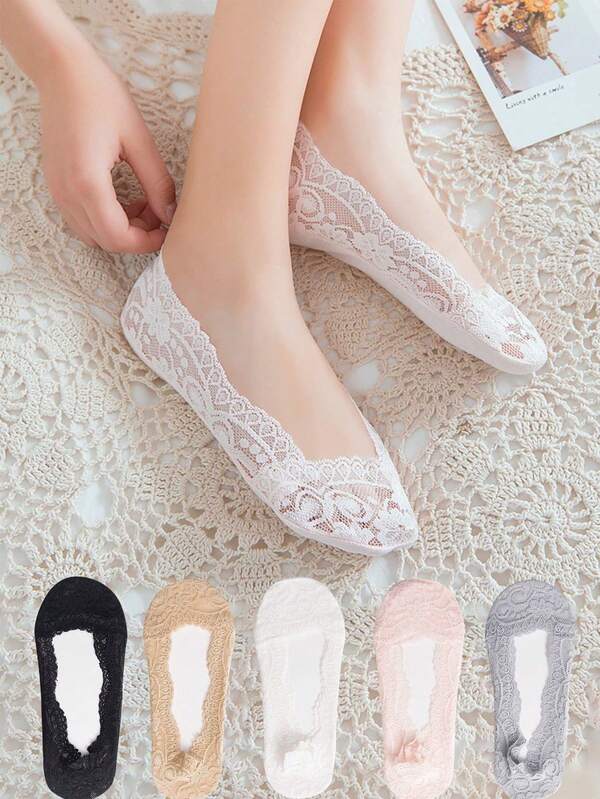 5 pares/lote Calcetines de mujer de verano cortos sin mostrar el tobillo, invisibles, finos, de corte bajo con encaje y silicona antideslizante