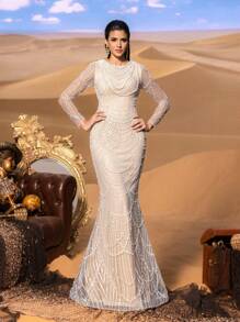 Faeriesty Haute Glamour Gorgeous Beaded Mermaid Evening Gown With Sheer Long Sleeves & Cascading Arc Pearl Chain For Luxury Evening Galas & Glamorous Banquet Debut