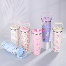 1pc Floral Stainless Steel Vacuum Insulated Travel Mug, Large Capacity Outdoor Cup