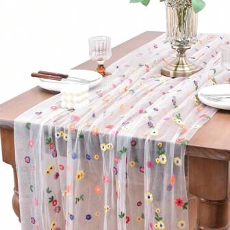 (Daisy Tablecloth) Embroidered Daisy Floral Table Cloth, 10ft Floral Sheer Mesh Tablecloth, Holiday Kitchen Dining Table Decor Suitable For Homes, Party Indoor Decoration Mesh Tablecloth