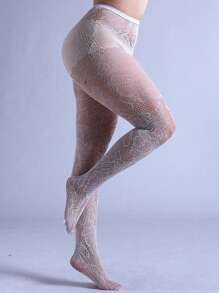 1 pieza Medias de mujer de talla grande con patrón de red, leggings con recorte de hojas, sexy y de moda, apropiado para fiesta, hogar, oficina, todo a juego, color blanco