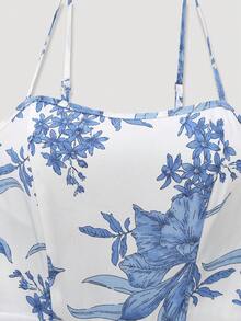 Women's Camisole Print Dress With Waist Gathered Skirt And Knit Cardigan Set, Bohemian Print - Blue and White - View 8