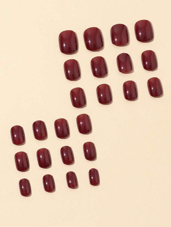 24pcs Cherry Red Short False Nails Tips With Glue & Nail File