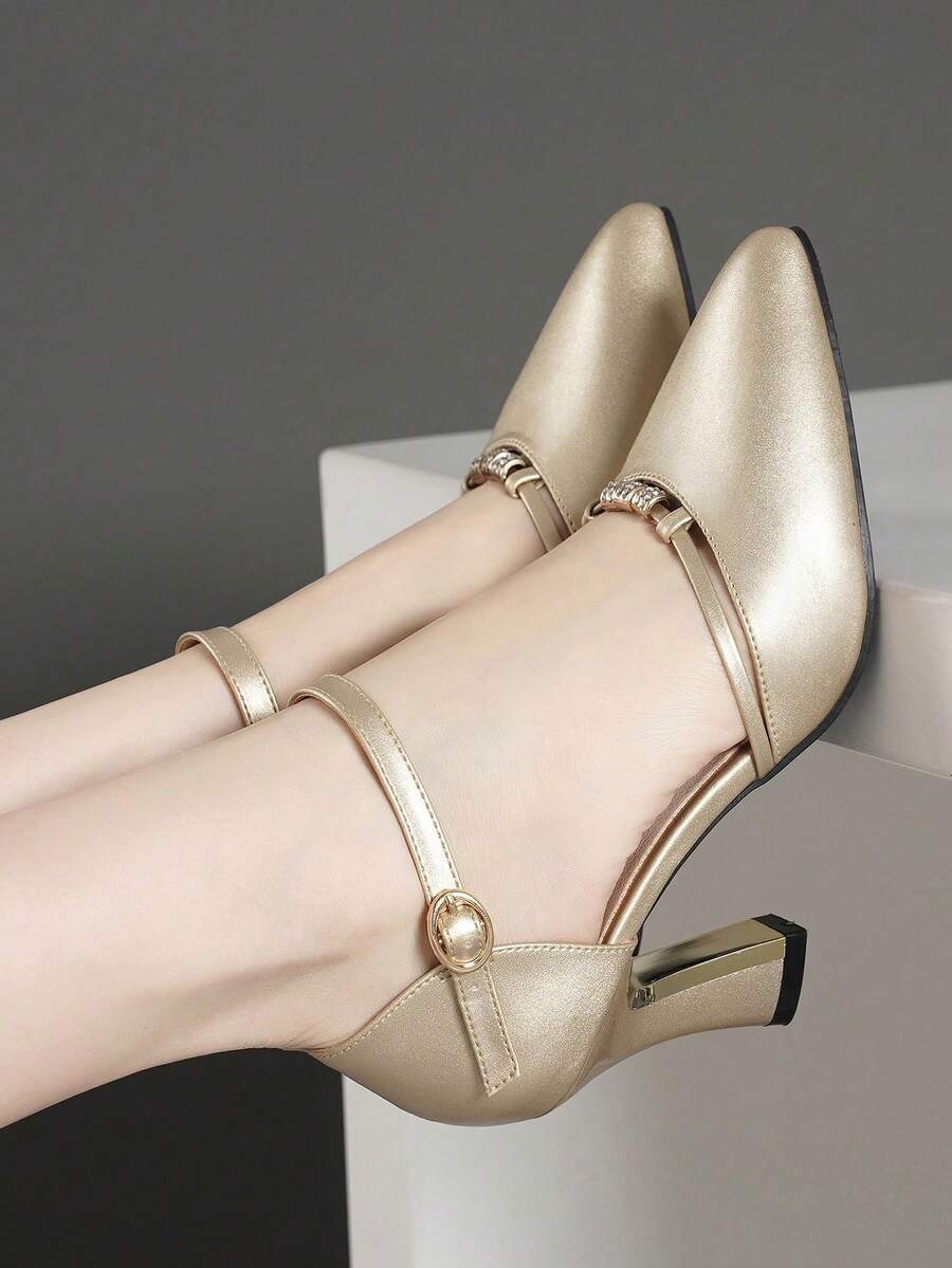 New Arrival Women Chunky Heel Strap Rhinestone Hollow-Out Pointed Toe Pumps,Spring/Summer - Champagne - View 1