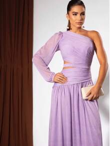 Long Dress For Bridesmaids Wedding Graduation One Sleeve Elegant - Lilac With Shine - View 2