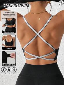 LianShengFa 1pc Seamless Ribbed Criss-Cross Strap Racerback High-Impact Sports Bra, Removable Pads, Soft & Breathable Yoga Crop Top - Black - View 3