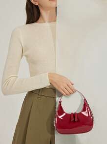 Bolsa Transversal Cruzada a Tiracolo de Couro Envernizado Bordô, Pode Ser Usada no Ombro ou na Mão, Moda Minimalista Elegante, Adequada para Compras, Encontros, Reuniões, Deslocamentos Diários