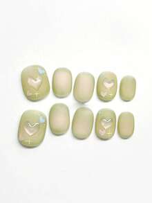 10 件/套哑光菠萝和心形手绘绿猫眼短款可爱精致美甲设计