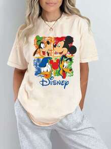 Disney Women's New Round Neck Short Sleeved Summer, Casual Cartoon Pattern Printed Round Neck T-Shirt, Sweet And Gentle Temperament, Slim And Comfortable Summer Tops, Suitable For Daily Casual Wear, Graphic Tees Women,Summer Outfits For Women
