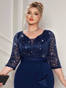 Plus Deep V-Neck Sequin Floral Lace Contrast Ruffle Trim Split Hem Evening Party Bodycon Dress, Semi Formal Wedding Guest Dress, For Birthday, Graduation, Dinner, Homecoming - Navy Blue - View 7