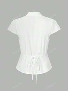 Sunny Girly Summer Women's Y2K College Style Graduation Season Button Design Lapel Casual Cute Pleated Slim Short-Sleeved Shirt Top