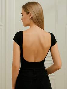 Women's Summer Casual Simple Solid Color Round Neck Tight T-Shirt High Cut Ribbed Open Back Short Sleeve Sexy Polyester Backless/Backless Night Out Summer - Black - View 1