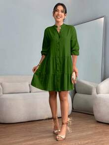 Short Dress With 3/4 Sleeves And Buttons In Linen - Plain Military Green - View 1
