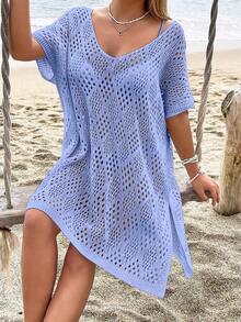 NZZOF Women's Fashionable Casual Hollow Out Cover-Up Top (Bikini Not Included) - Light Purple - View 5