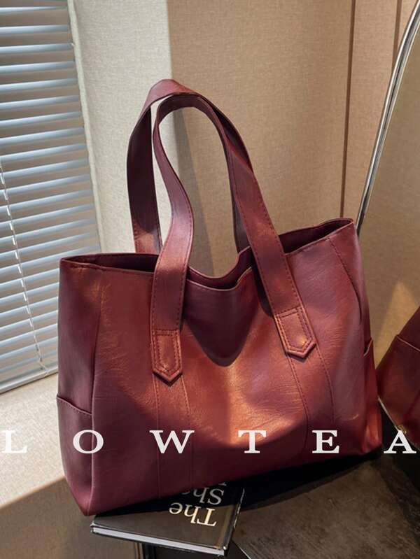 low tea 1pc Lowkey Plain PU Leather Tote Bag For Women, Vintage Fashion Shoulder Tote Bag With Double Handles And Zipper Closure, Suitable For Travel, Shopping, Dating, Women's Gift, Great For Commuting, Outdoor, Travel, Hiking