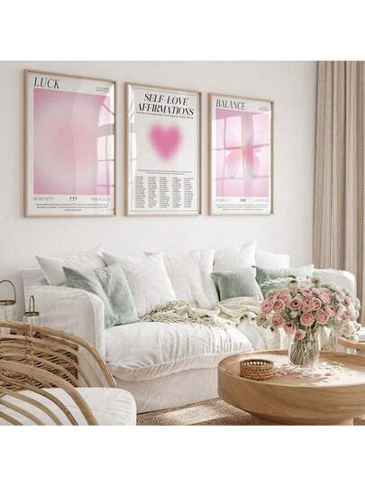 3pcs Pink Violet Aura Wall Art Picture Self Love Spiritual Prints Canvas Paintings Affirmation Posters Angel Number Decor For Bedroom ,Living Room Or Dorm Room Decor Optional Frame ,Wall Art With Frame