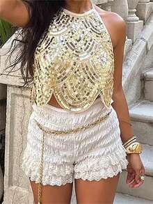 Women Halter Top, Tie-Up Sleeveless Tops Backless Sequined Summer Vest For Club Party - 金色 - 查看 3