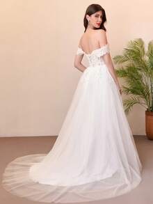 舞会礼服/公主款拖尾薄纱蕾丝婚纱，情人节 - 米色 - 查看 3