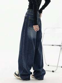 Jeans vaqueros de pierna ancha y lavados casual para mujer