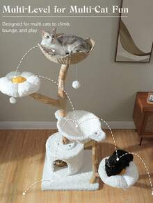 PAWZ Road 59" Modern Cat Tree Tower For Large Cats W/2 Flower Perches-Natural Solid Wood Scratching Post With Real Branch-Luxury Boho Cat Furniture W/Condo & Wicker Basket Bed, Cloud White - 白色 - 查看 2