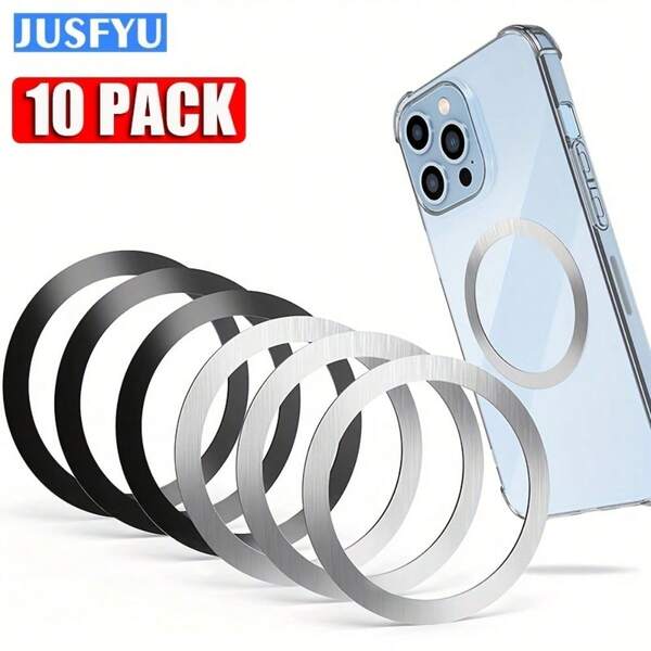 10 piezas Anillos magnéticos de metal para carga inalámbrica - Placa adhesiva de acero inoxidable compatible con iPhone y soportes de teléfono para automóvil, compatibilidad fuerte, diseño multifuncional, soporte de teléfono magnético | Superficie de metal de moda | Anillo de acero inoxidable