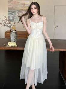 Women's Elegant Lace Contrast Mesh Dress Homecoming Party Dress Birthday Wedding Guest - Apricot - View 8