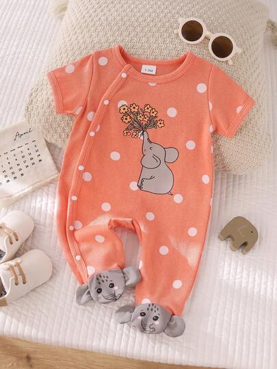 Stylish Big Polka Dot Pattern & Front Floral Elephant Graphic & Contrast Color 3D Ear Baby Face Design Round Neck Baby Girl Short Sleeve Footie Jumpsuit