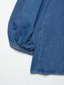ZEVITY Plain Color Pleated Sleeve Single-Breasted Casual Denim Top