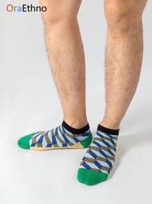 1 par de calcetines de tobillo con estampado geométrico verde, cómodos, transpirables y que absorben la humedad, una idea de regalo única
