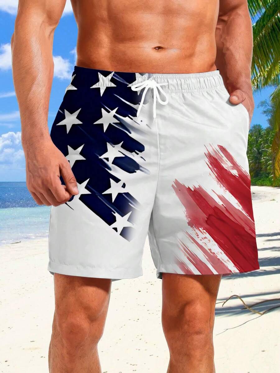 3 件男士沙滩短裤套装 - 爱国美国国旗印花，带抽绳和做旧细节，夏季时尚夏威夷沙滩装，夏威夷 - 彩色 - 查看 1