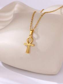 1Pc Ancient Egyptian Cross Pendant Necklace 18K Gold Plated Stainless Steel Adjustable Chain Necklace Eternal Jewelry Fashion Accessories