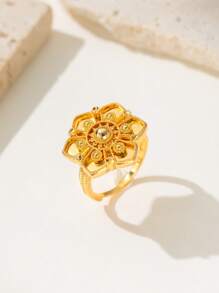 Herseygold 1 Stück verstellbarer Größe, messingplattierter goldener Ring mit Blumen- und Mondhalbmond-Design, Schmuck im orientalischen Stil für Frauen, Hochzeit und Festlichkeiten