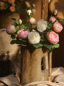 1 pièce Fleur artificielle réaliste en PU ressemblant à de la soie avec 4 fausses roses roses et blanches - Décoration de maison de style ferme moderne pour mariage, Pâques, fournitures de fête de printemps - Décoration de chambre, salon, jardin et mur de style vintage pour l'automne