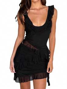 Women 2 Piece Mini Skirt Set Sleeveless U Neck Backless Irregular Hem Vest Ruffled Short Skirt Summer Y2K Going Out Outfit - 黑色 - 查看 1