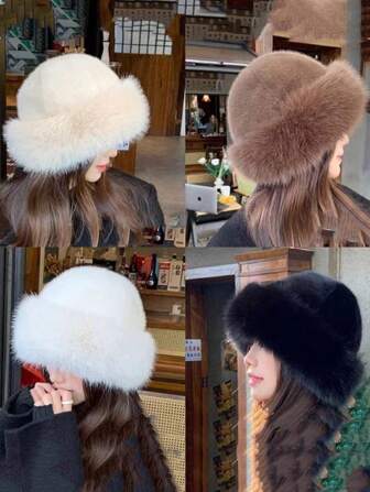 1 pièce Nouveau chapeau d'hiver moelleux pour femmes, style mode européen et américain automne/hiver, chapeau mongol épais de couleur unie et flatteur, tenues d'hiver épaisses