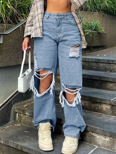 Y2K Vintage Mid-Rise Waist Cut Out Cowgirl Jeans Casual Distressed Ripped Raw Slant Pocket Straight Leg Denim Pants Vacation Outfits Woman