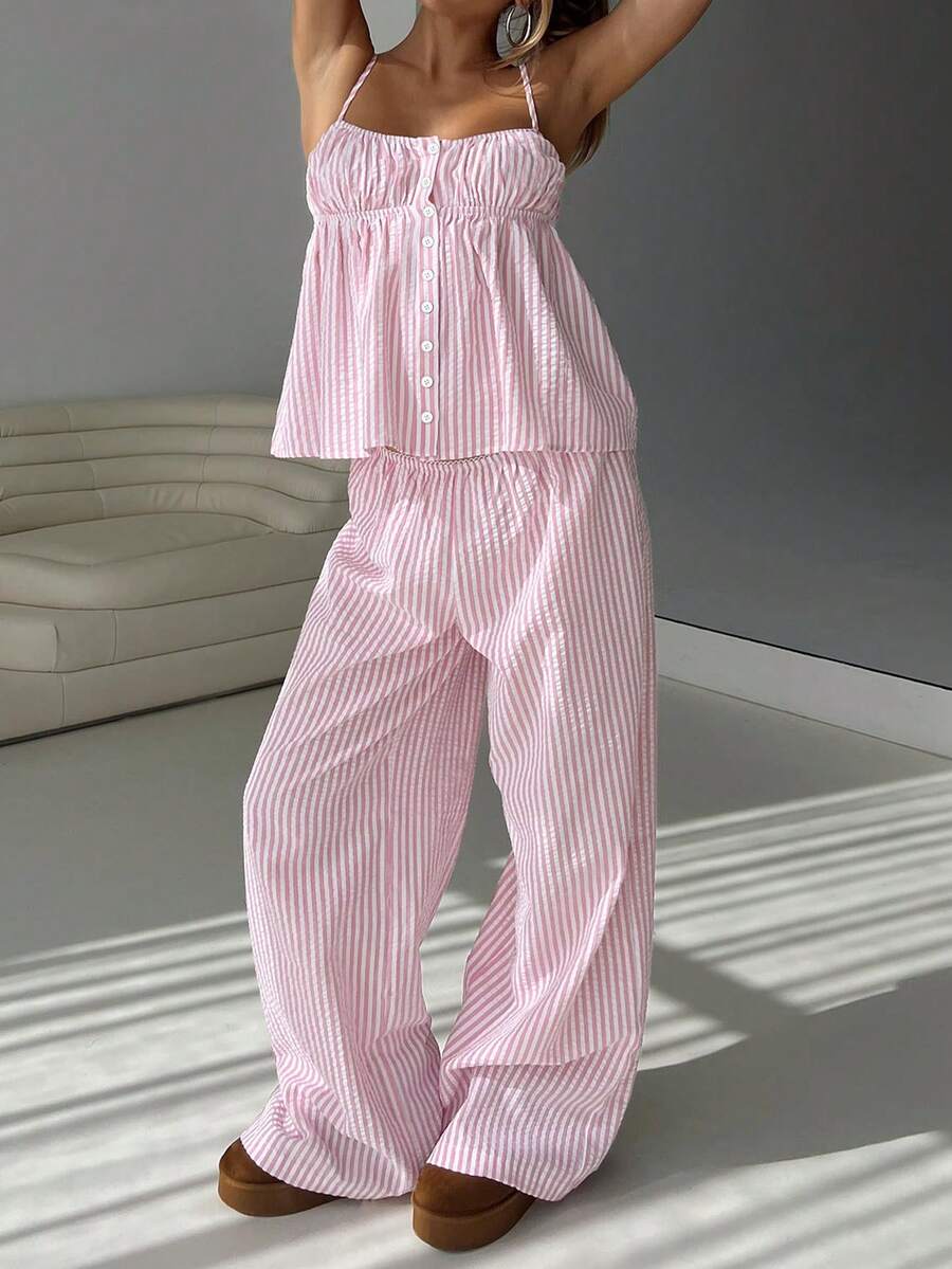 Camisole Crop Top & Wide Leg Pants Set, Buttoned Striped Blouse, Energetic College Style Outfit, Spring/Summer New Arrivals - Pink - View 1
